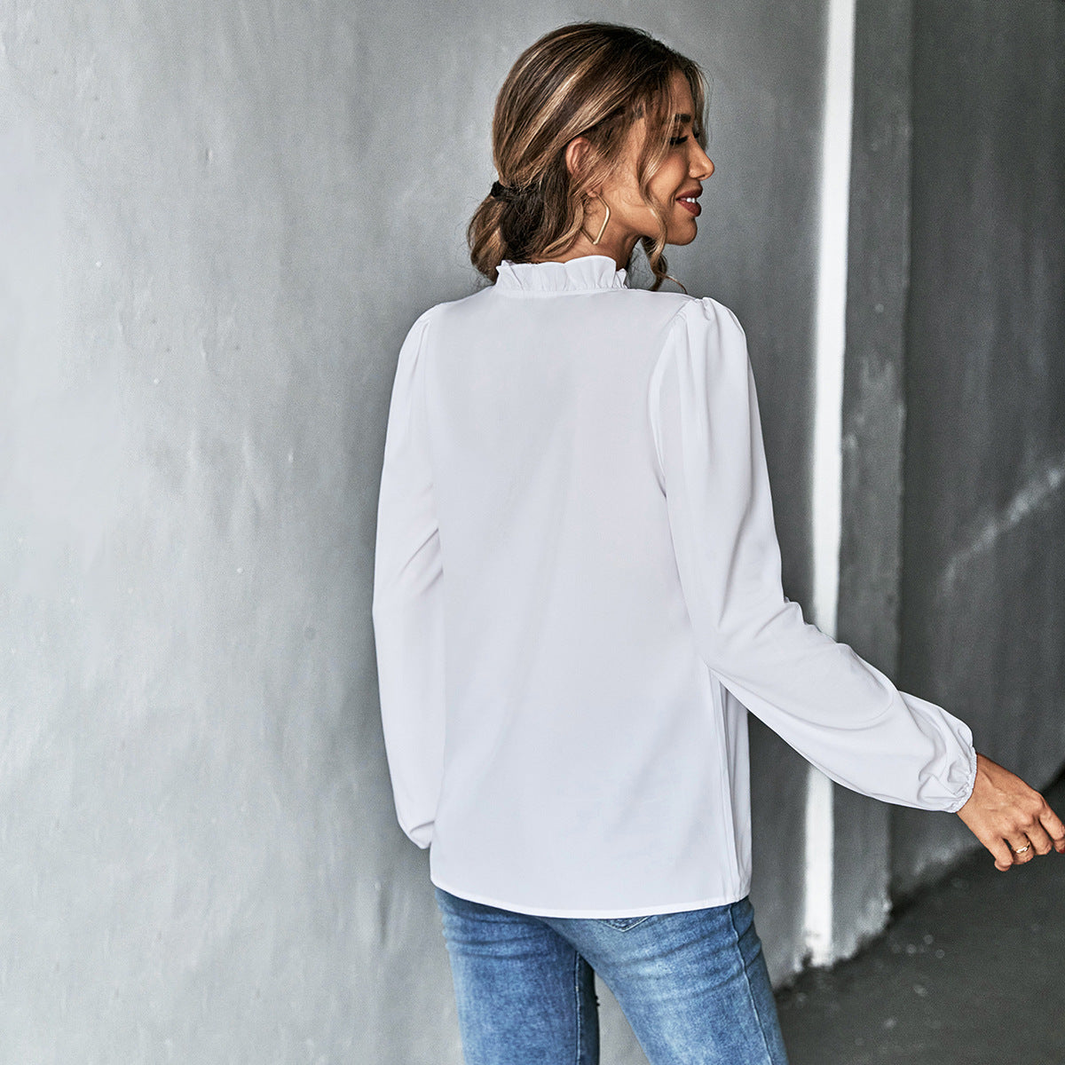 Ruffle V Neck Blouse Puff Sleeve Office Top