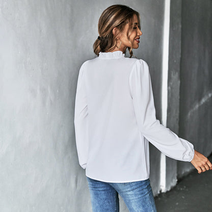 Ruffle V Neck Blouse Puff Sleeve Office Top
