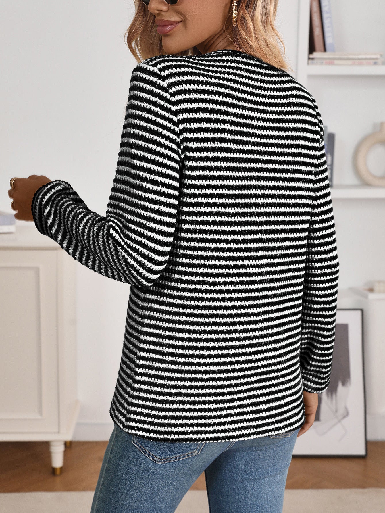 Striped waffle knit Henley top relaxed long sleeve