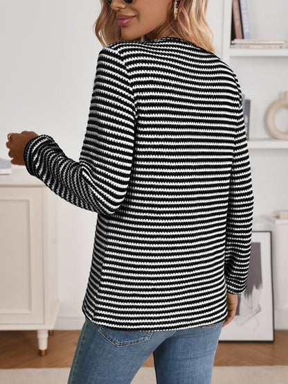 Striped waffle knit Henley top relaxed long sleeve
