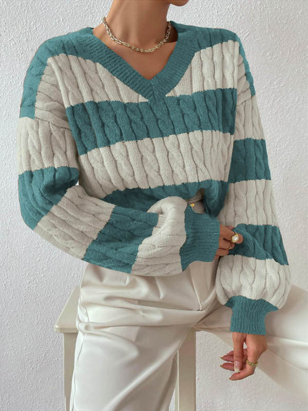 Women's Oversized V-Neck Striped Cable Knit Sweater