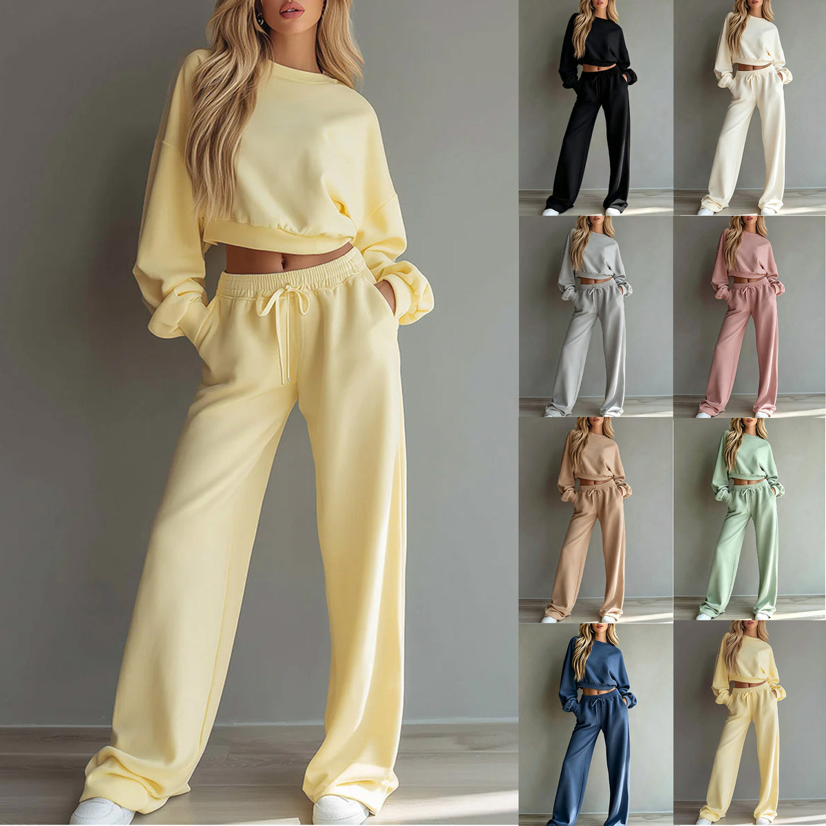 Women's Cropped Sweatshirt Wide Leg Pants Lounge Set