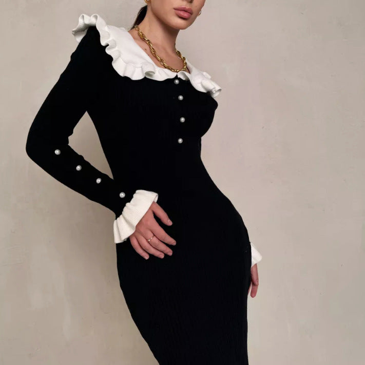 Ruffle Collar Colorblock Knit Bodycon Midi Dress Long Sleeve