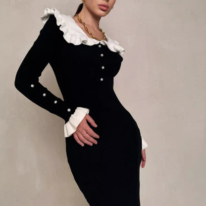 Ruffle Collar Colorblock Knit Bodycon Midi Dress Long Sleeve