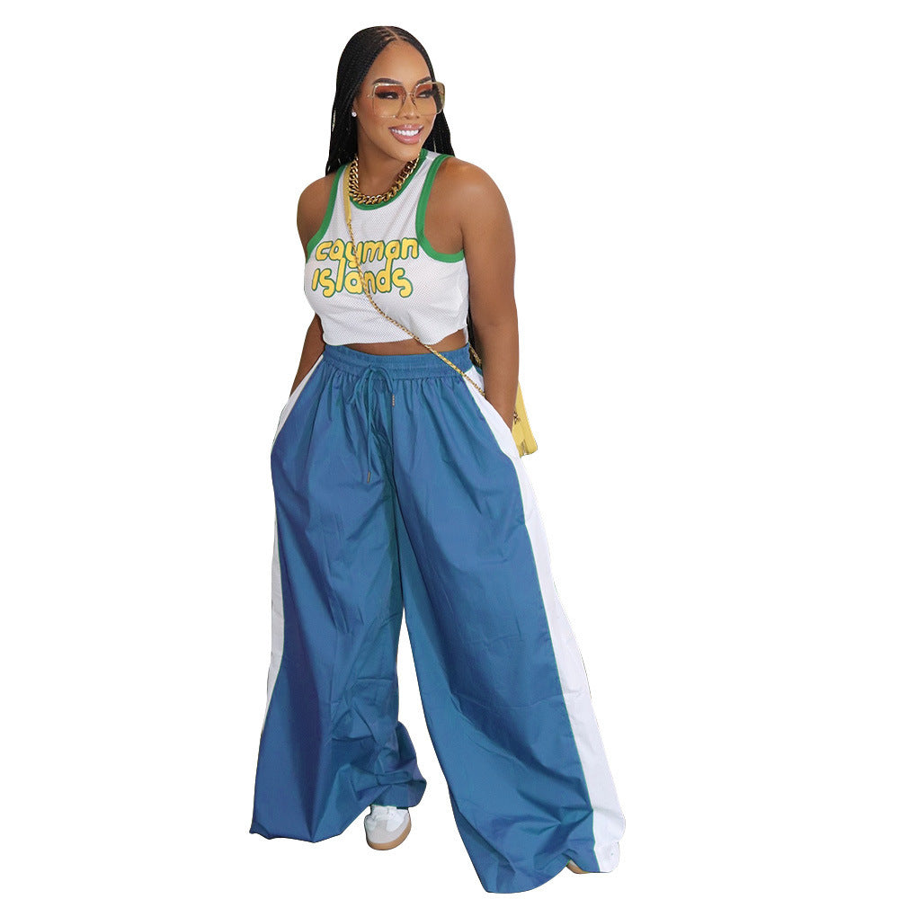 Women Sporty Color Block Wide Leg Pants Loose Side Stripe