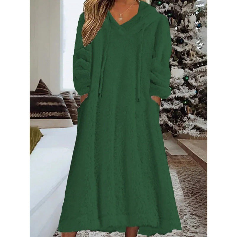 Fleece Hooded Dress with Pocket Relaxed Fit