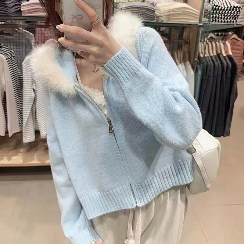 Women's Faux Fur Collar Hooded Zip-Up Cardigan Sweater