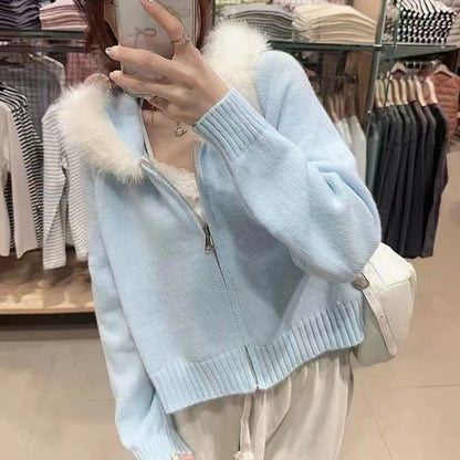 Women's Faux Fur Collar Hooded Zip-Up Cardigan Sweater