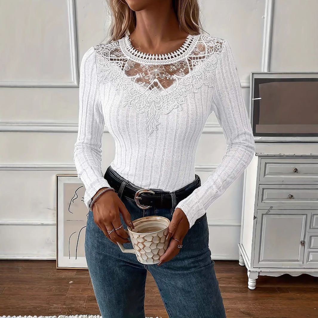 Women's Lace Panel Ribbed Long Sleeve Top