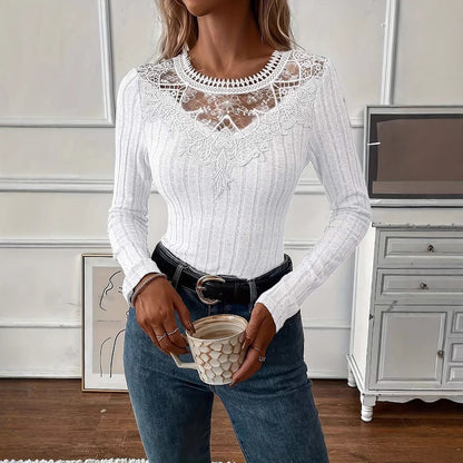 Women's Lace Panel Ribbed Long Sleeve Top