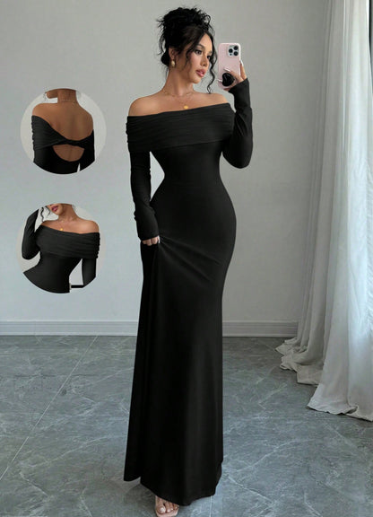 Off Shoulder Cutout Back Ruched Bodycon Maxi Dress