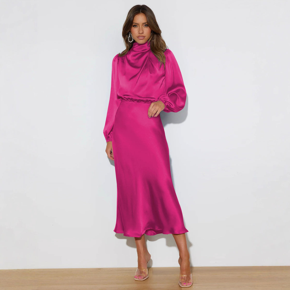 Satin Mock Neck Puff Sleeve Bodycon Midi Dress Cocktail
