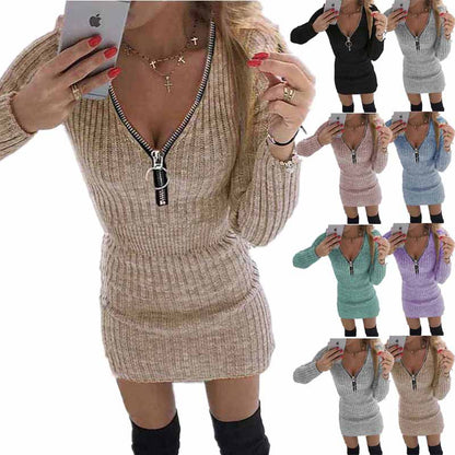 Ribbed Knit Zip Front V-Neck Bodycon Sweater Dress