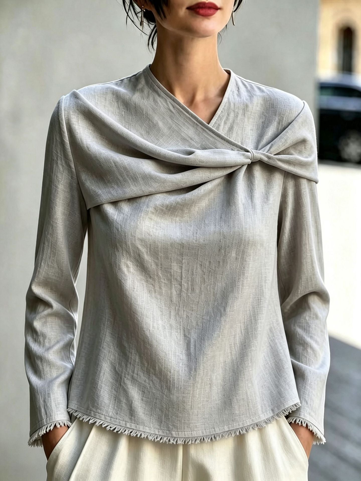 Women's Cotton Linen Cowl Neck Long Sleeve Blouse