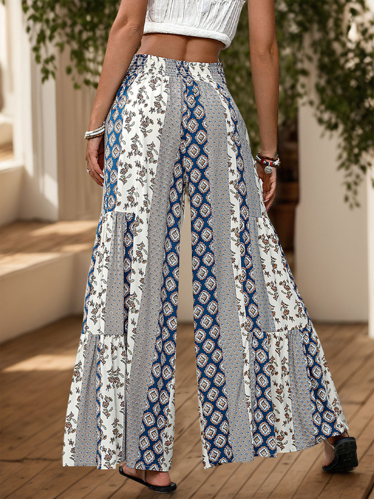 Women's Boho Floral Tie Waist Wide Leg Palazzo Pants