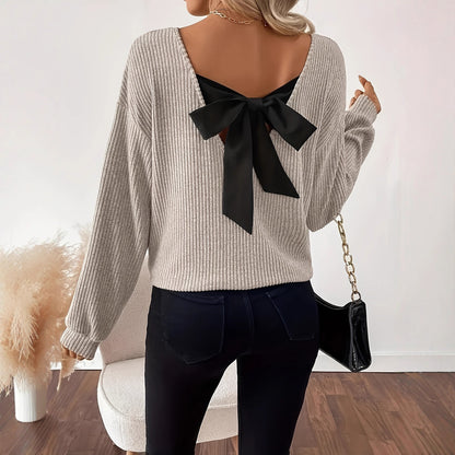 Women's V-Neck Bow Back Ribbed Long Sleeve Loose Fit Top