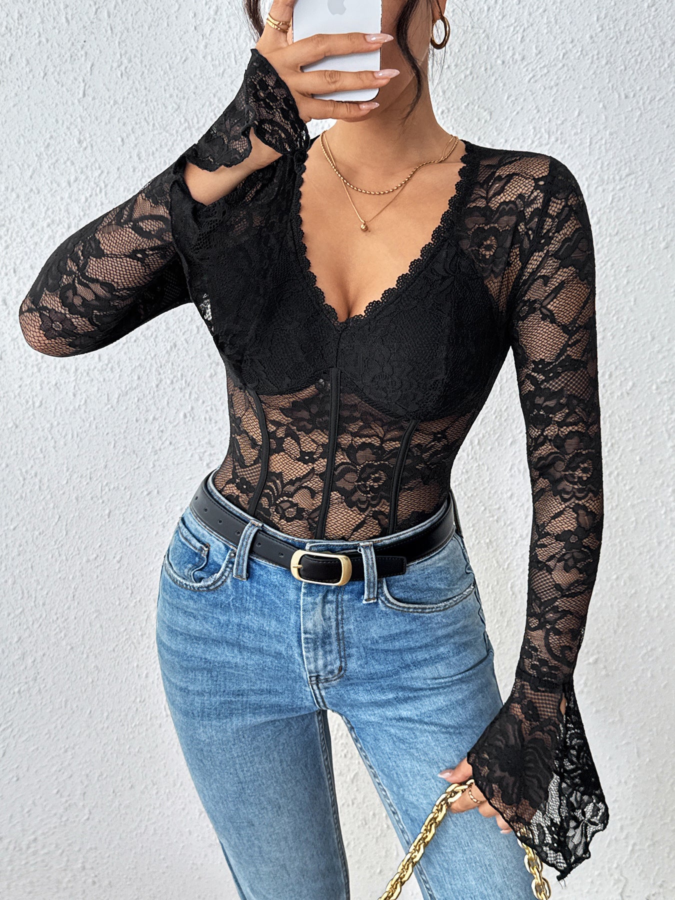 Black Lace Bodysuit V Neck Long Sleeve Sexy Top