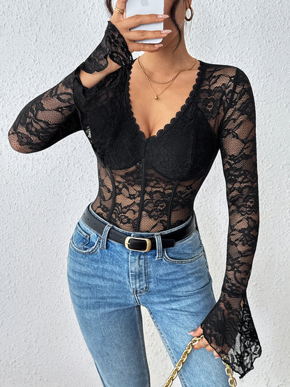 Black Lace Bodysuit V Neck Long Sleeve Sexy Top