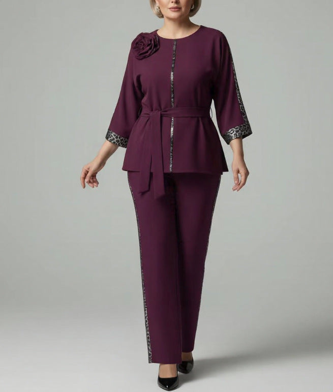 Women's Elegant Belted 2-Piece Floral Pant Set