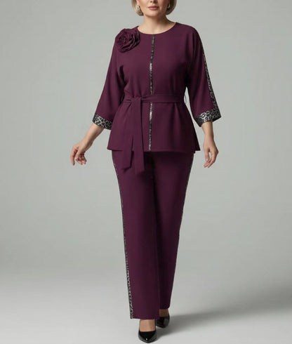 Women's Elegant Belted 2-Piece Floral Pant Set