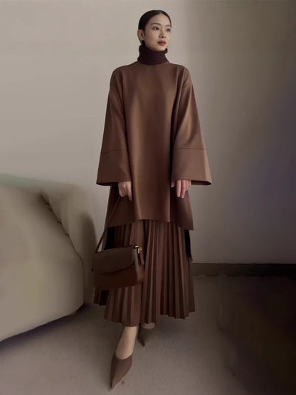 Women Oversized Sweatshirt Pleated Maxi Skirt Set