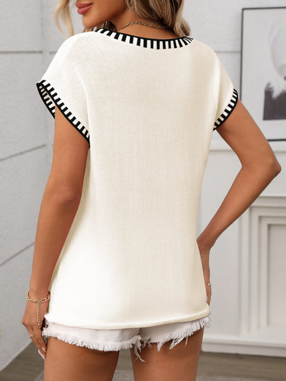Striped V Neck Knit Top Short Sleeve Casual Sweater