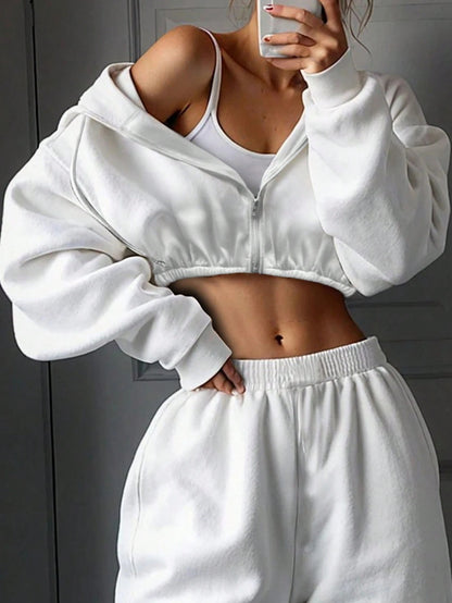 Women's 2 Piece Crop Zip Hoodie Sweatpants Set