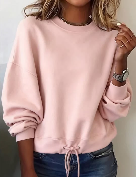 Women's Crewneck Sweatshirt Drawstring Hem Long Sleeve