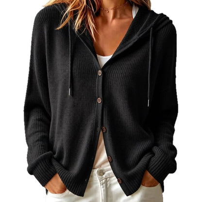 Women's Hooded Button Front Long Sleeve Knit Cardigan