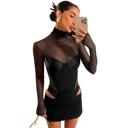 Women's Sexy Mesh Cutout Bodycon Mini Dress