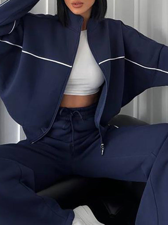 Womens Two Piece Striped Zip Up Sweatshirt Pants Set