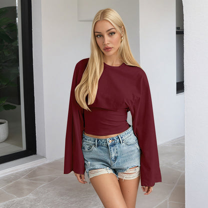 Women's Solid Batwing Long Sleeve Cinched Waist Crop Top