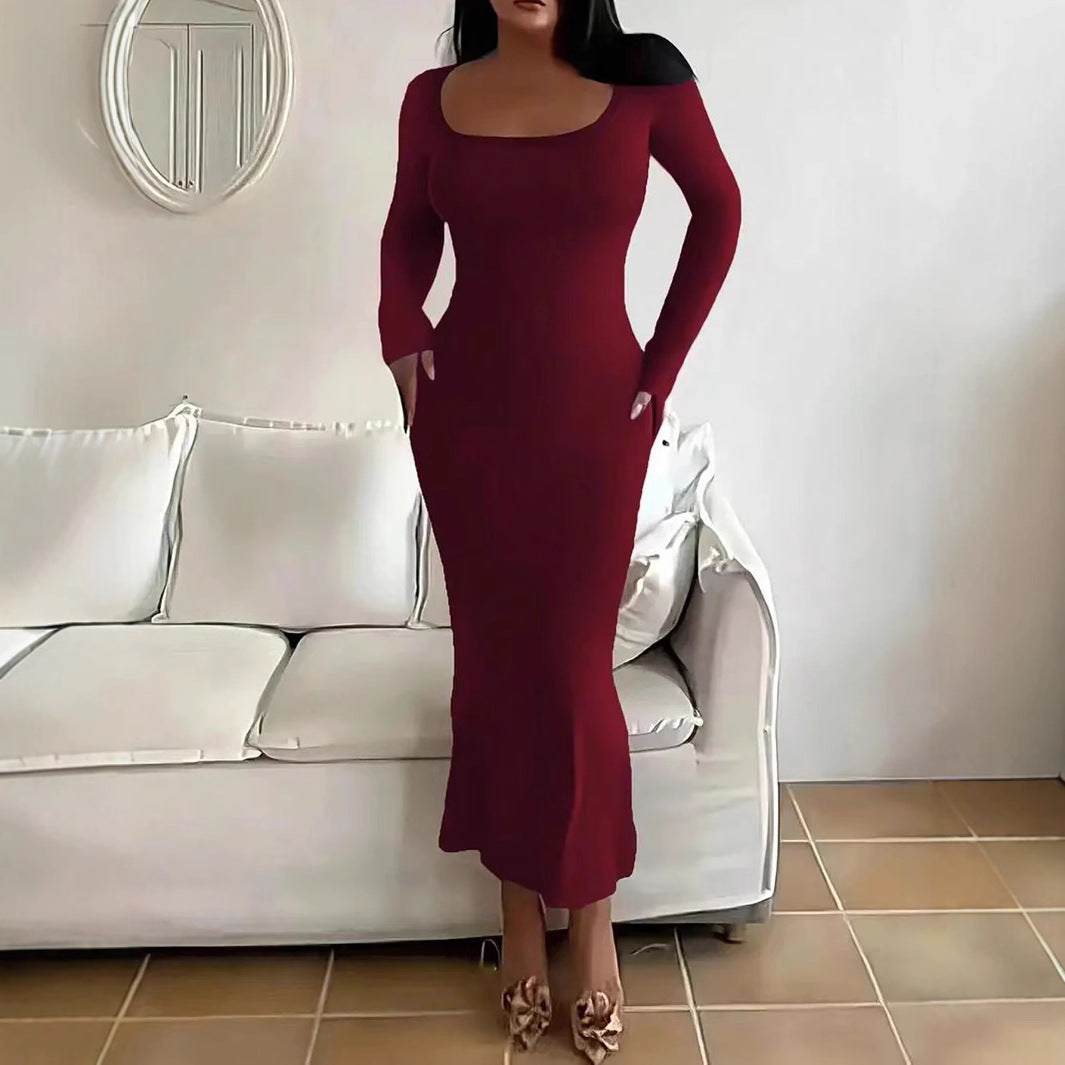 Sexy Square Neck Long Sleeve Bodycon Maxi Dress