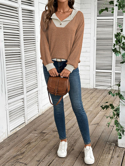 Colorblock V Neck Sweater Women Casual Knit Pullover Top