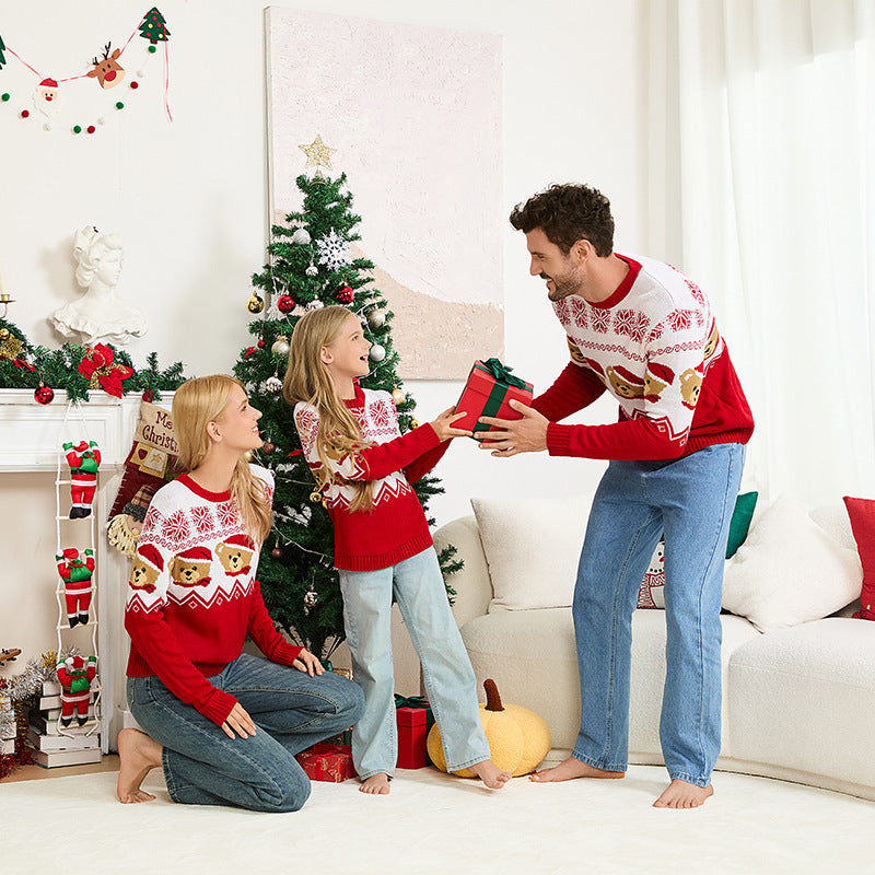 Family Matching Red Bear Christmas Knit Pullover Sweater