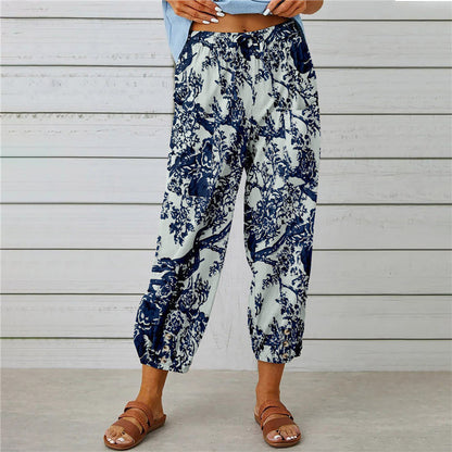 Women's Boho Floral High Waist Cotton Linen Joggers