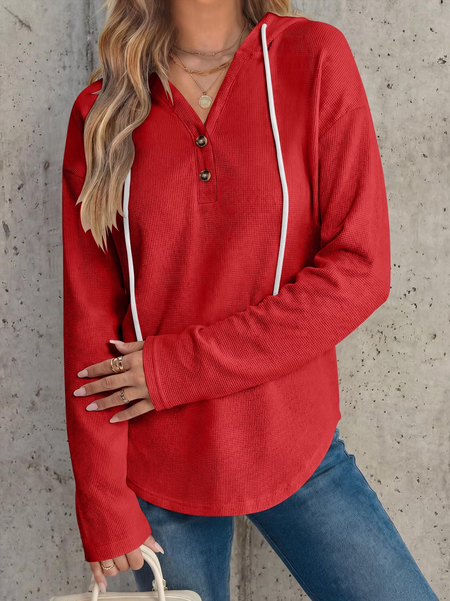 Waffle Knit Hoodie Henley Long Sleeve Casual Top