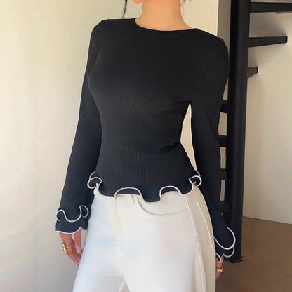 Women's Contrast Trim Ruffle Sleeve Fitted Knit Top