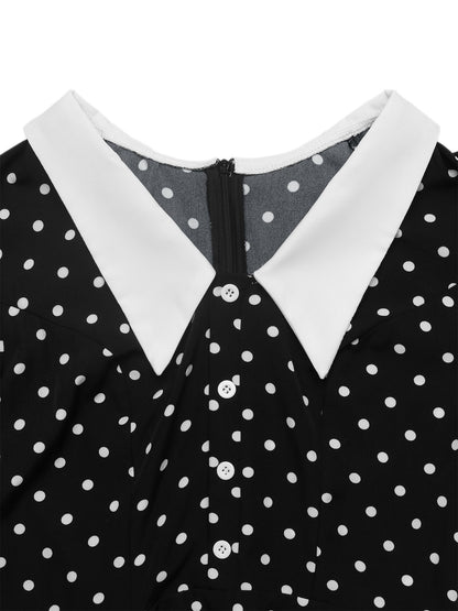 Polka Dot Contrast Collar Long Sleeve Mini Dress