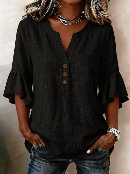 Cotton Linen Blouse V Neck Ruffle Sleeve Women's Top