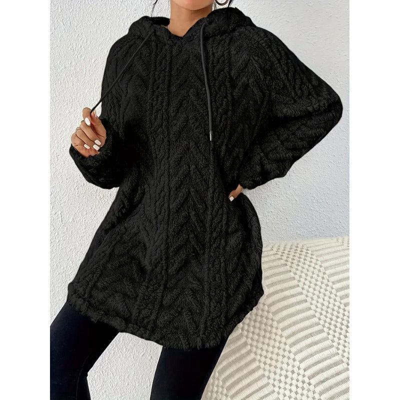 Women's Fuzzy Cable Knit Hoodie Drawstring Tunic Top