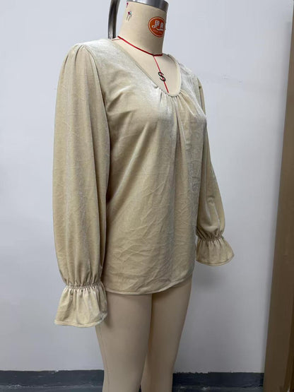 Women's V-Neck Bell Sleeve Ruched Blouse Top
