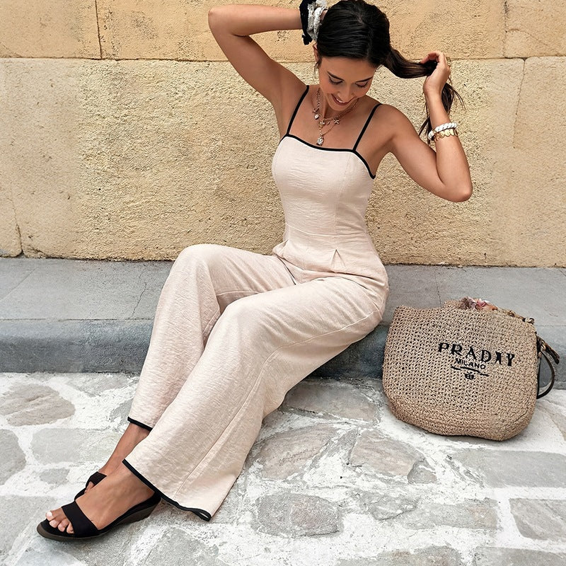Women's Contrast Trim Spaghetti Strap Wide Leg Jumpsuit