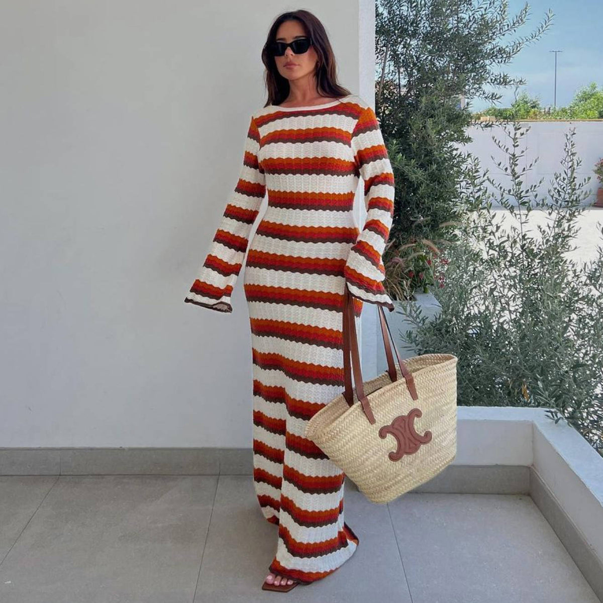 Striped Crochet Maxi Dress Long Sleeve Boho Beach Vacation