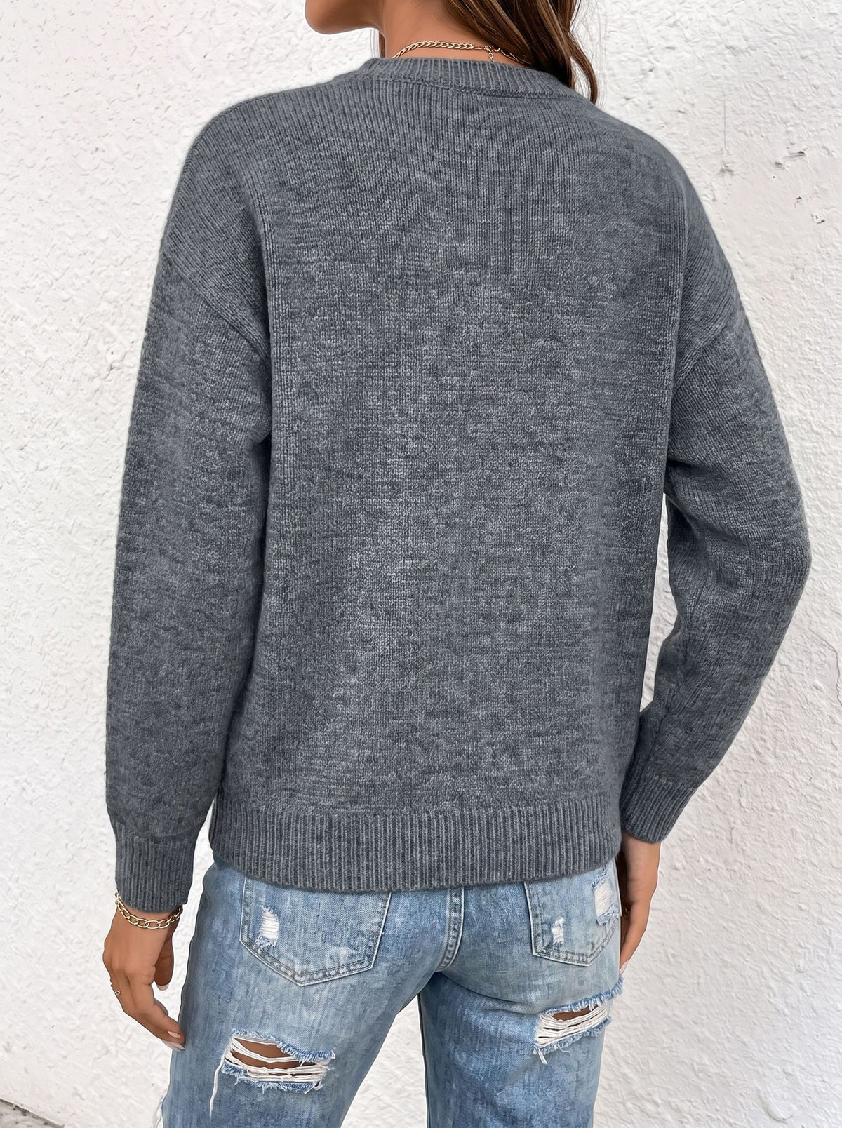 Womens V Neck Sweater Oversized Button Cuff Pullover