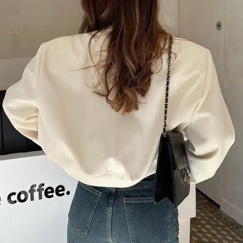 Women's Cropped Utility Jacket Stand Collar Button Front