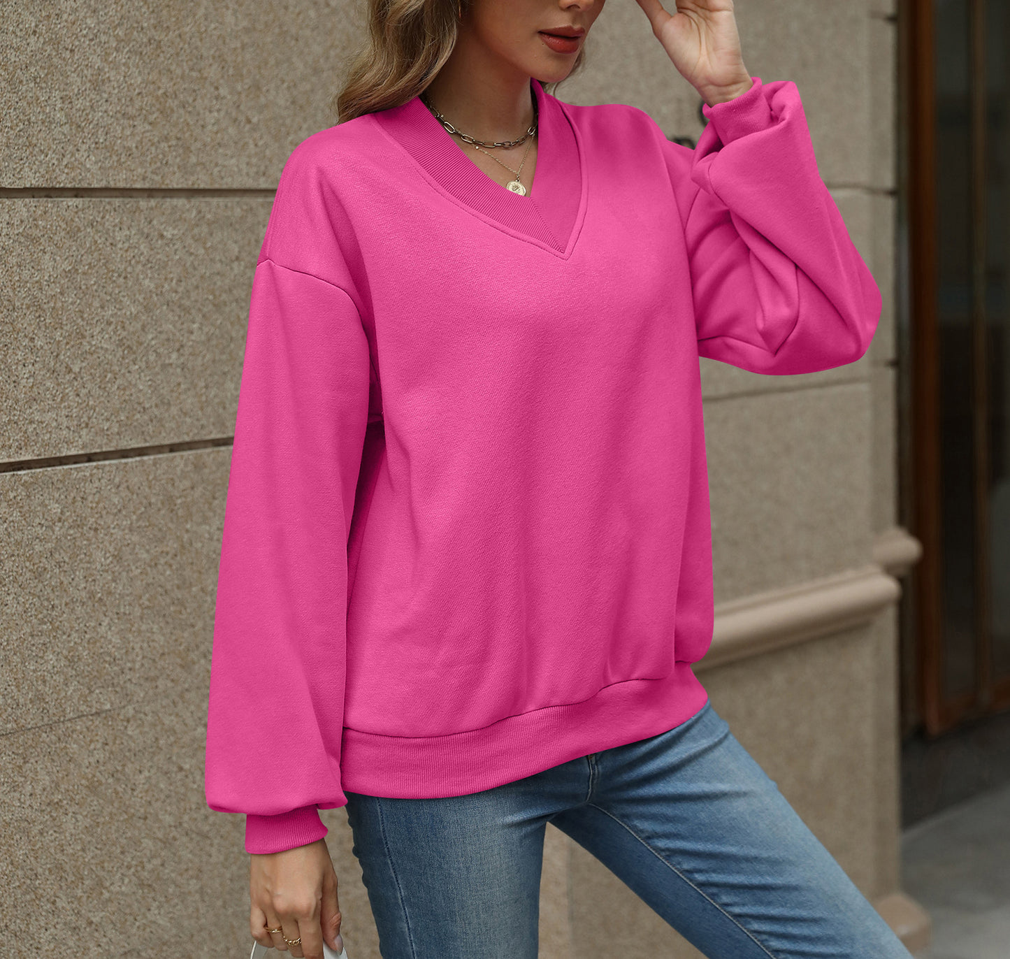 Colorblock V Neck Fleece Sweatshirt Women Casual Pullover Top