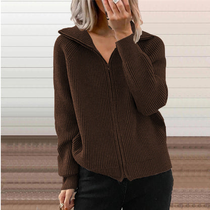 Oversized Ribbed Zip Up Collared Cardigan