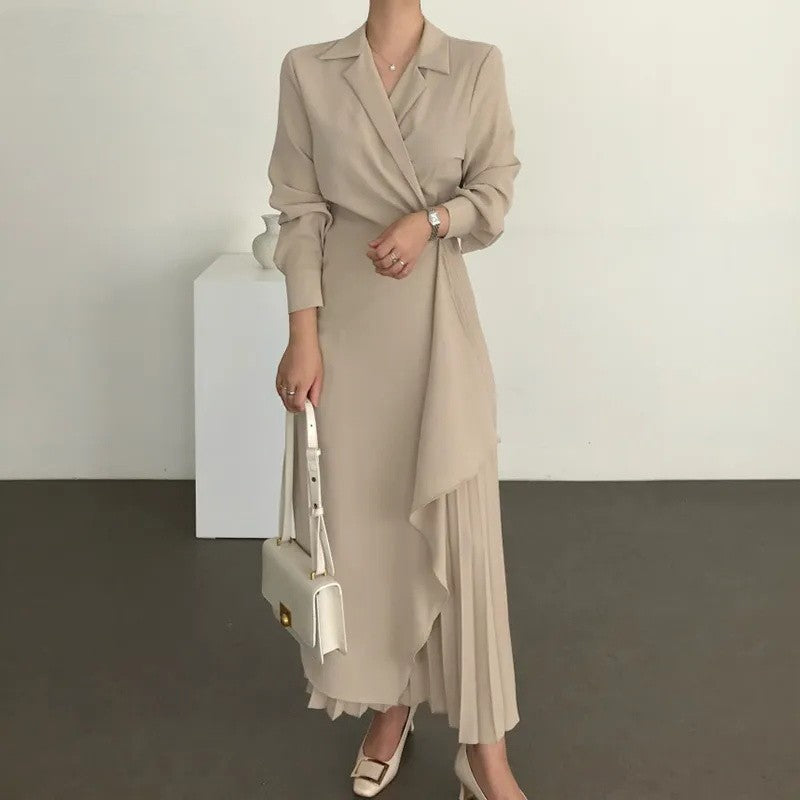 Women's Elegant Shirt Dress Long Sleeve Pleated Maxi