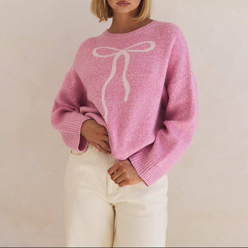 Pink Oversized Bow Crewneck Chunky Knit Sweater